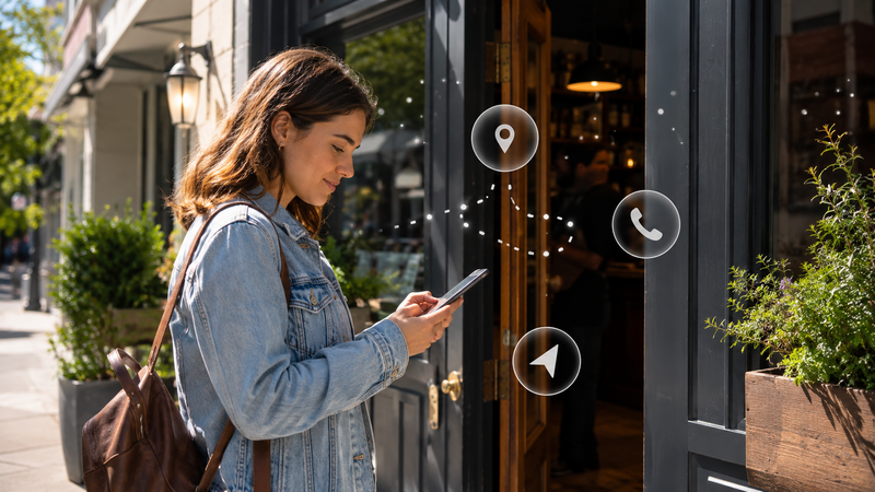 age for local discovery: a customer holding a phone outside a restaurant/shop