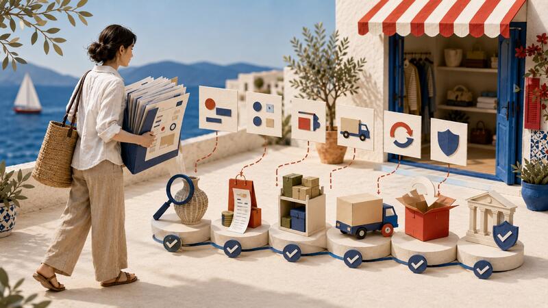 A shopper arrives at an e-shop with an AI-generated comparison folder and verifies each claim against the real offer