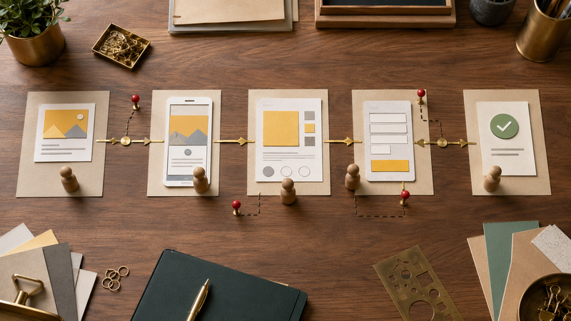 A physical customer-journey map built on a large architect table