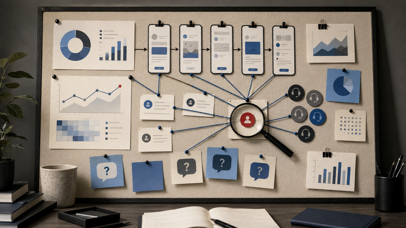 An evidence board for conversion diagnosis combining abstract analytics charts