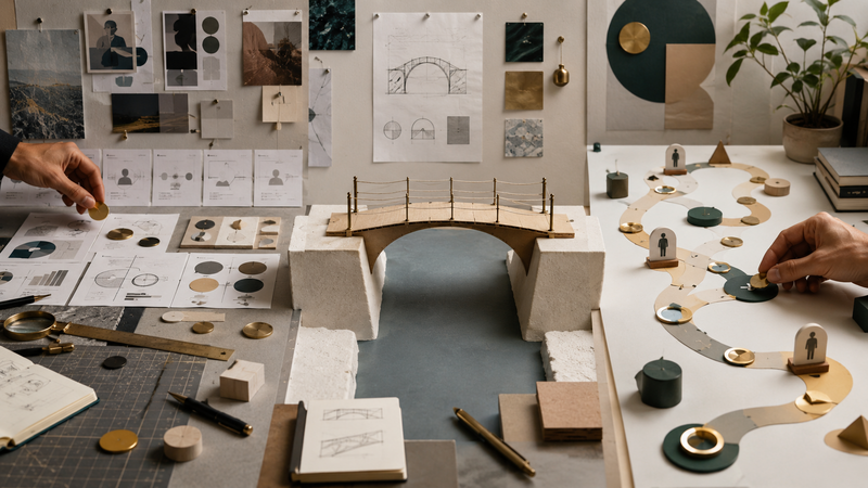 A three-stage design studio showing evidence
